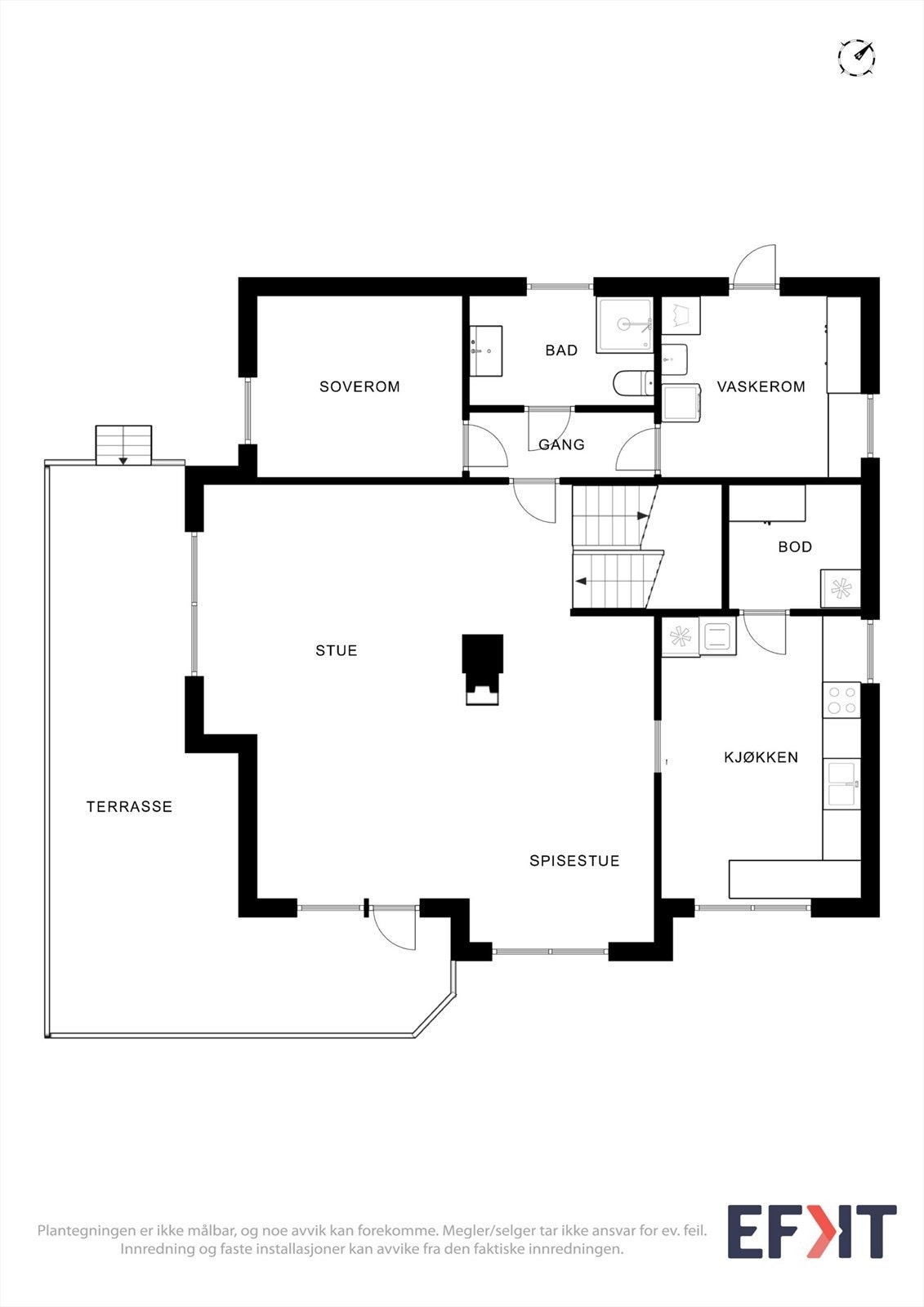 Plantegning for 1. etasje, som rommer stue, kjøkken, soverom, bad, vaskerom og terrasse. Galleribilde