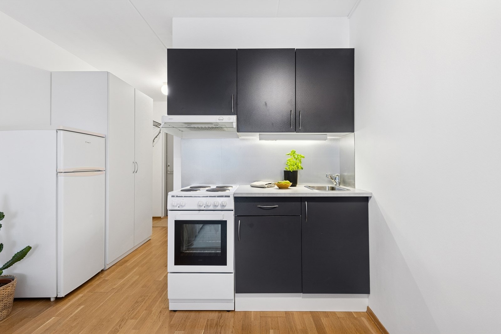 Innredning med slette fronter og laminat benkeplate gir et funksjonelt kjøkkenområde. Avtrekk via sentralt avtrekksanlegg. Galleribilde