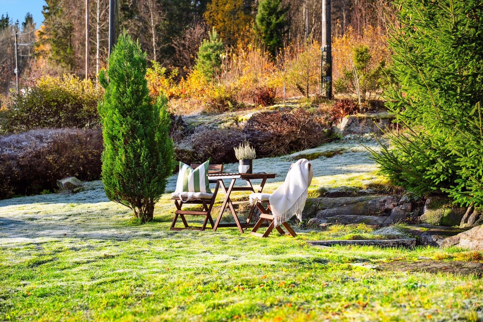 Tomten er på 1117,9 kvm og er opparbeidet med plen og beplantning, omkranset av naturlige steinformasjoner og trær. Galleribilde