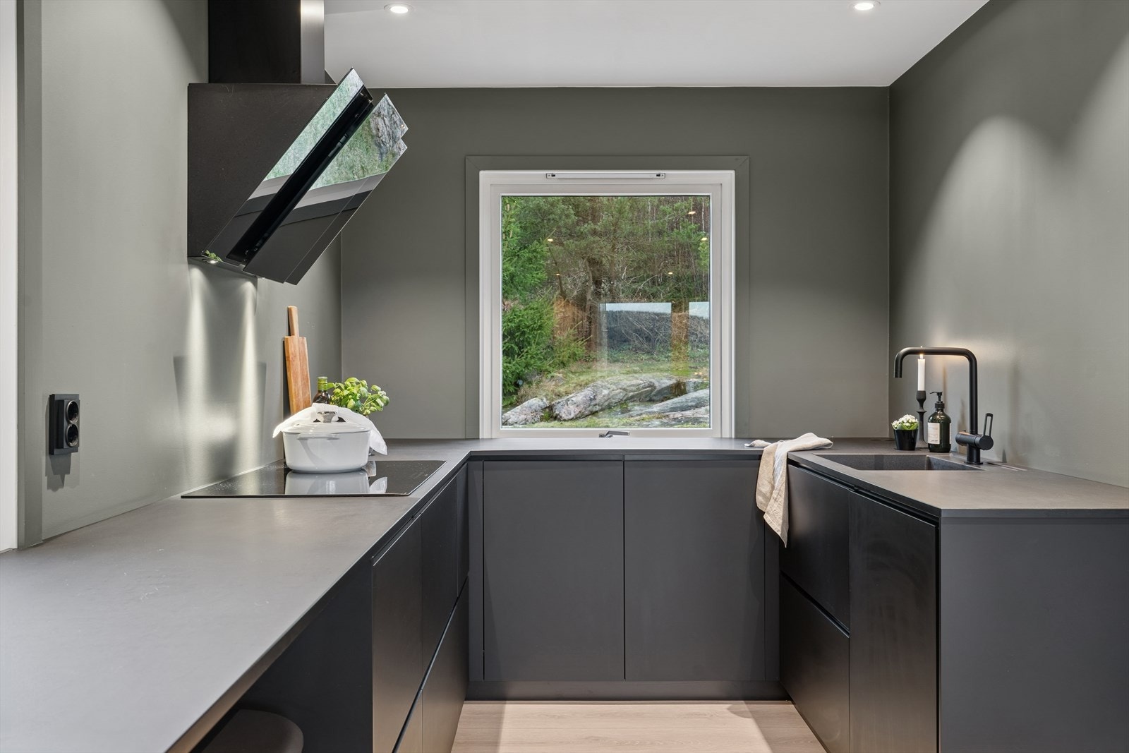 Hyggelig utsikt fra kjøkkenet til naturen bak huset. Galleribilde