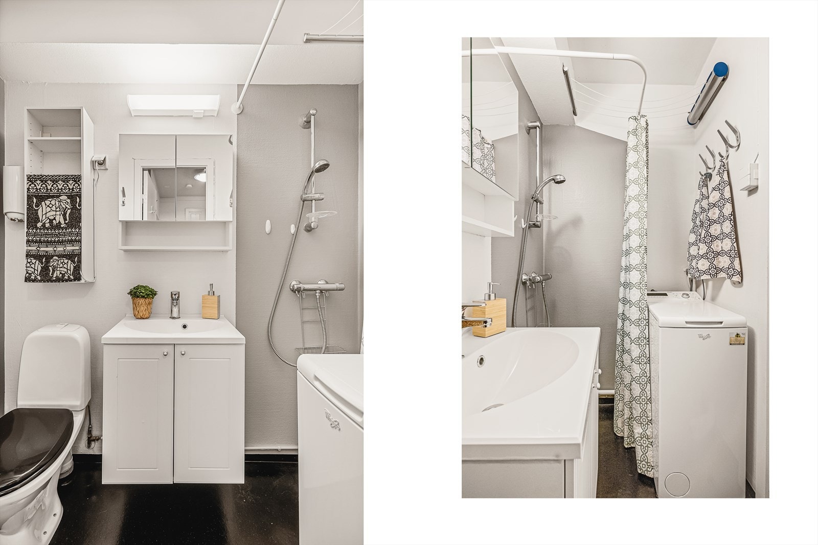 Badet måler 2,4 kvm og er innredet med dusj m/forheng, toalett, baderomsinnredning og opplegg for vaskemaskin. Galleribilde