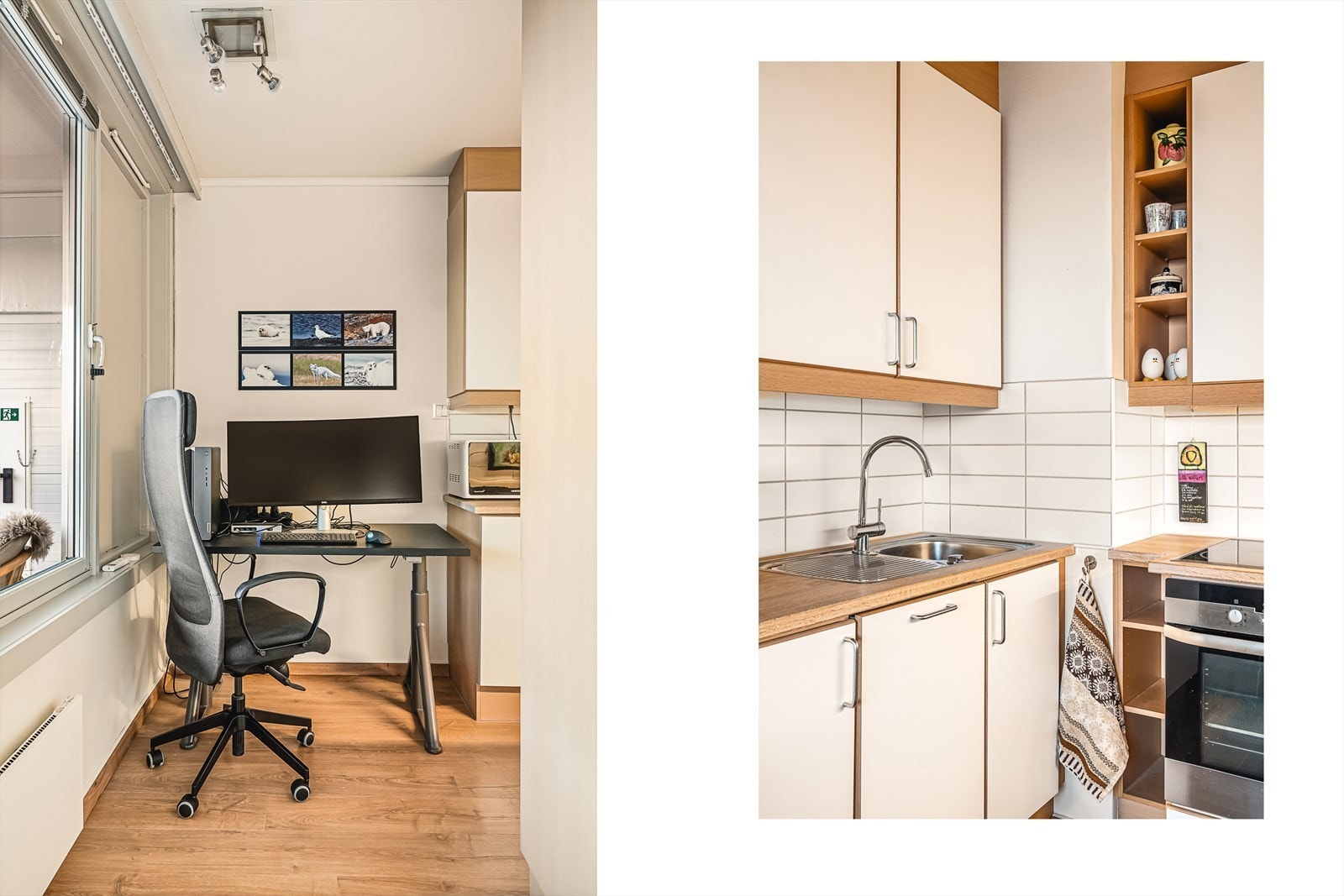 Kjøkkenet måler 7,4 kvm og har innredning med slette fronter og heltre benkeplate. Galleribilde