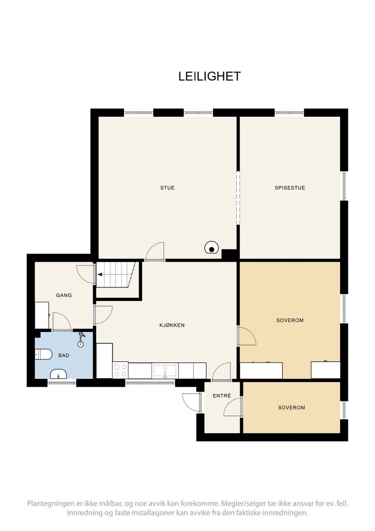 Boligen er innredet med en del som inneholder kjøkken, to soverom, bad, spisestue og stue. Denne delen er ikke godkjent som en egen boenhet. Se informasjon i salgsoppgaven. Galleribilde