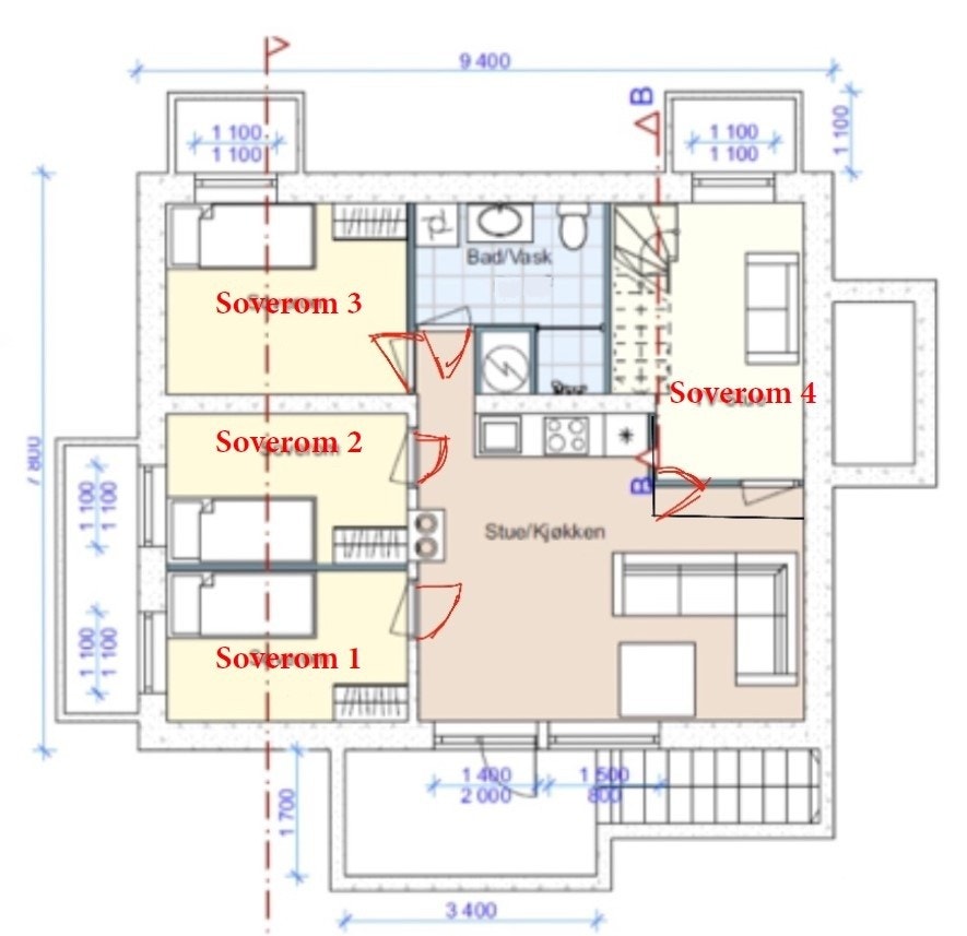 Ca planløsning. Soverom 1 nederst til venstre, soverom 2 i midten, soverom 3 øverst til venstre, soverom 4 øverst til høyre Galleribilde
