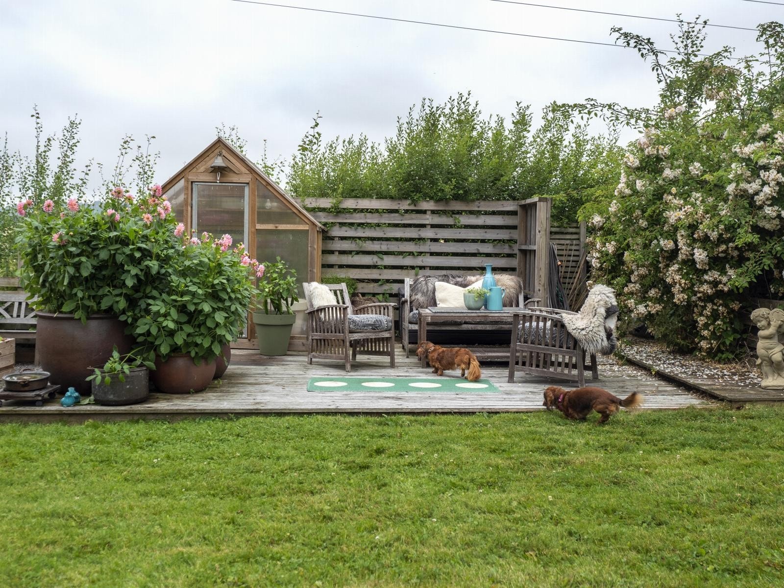 På en liten platting i hagen er det også drivhus, hvor man kan dyrke det man måtte ønske av tilbehør til grillmåltidet. Galleribilde