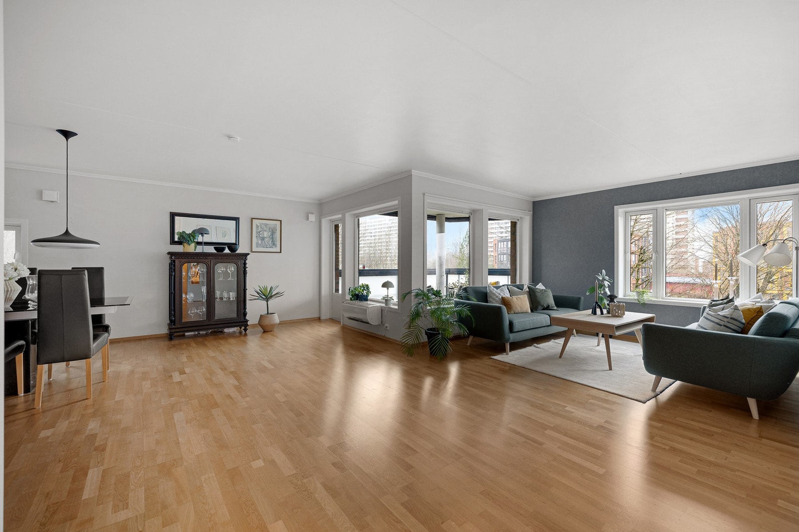 Stuen er meget romslig med god plass til sofakrok, tilhørende møblement og spisestue mellom stuen og kjøkkenet Galleribilde