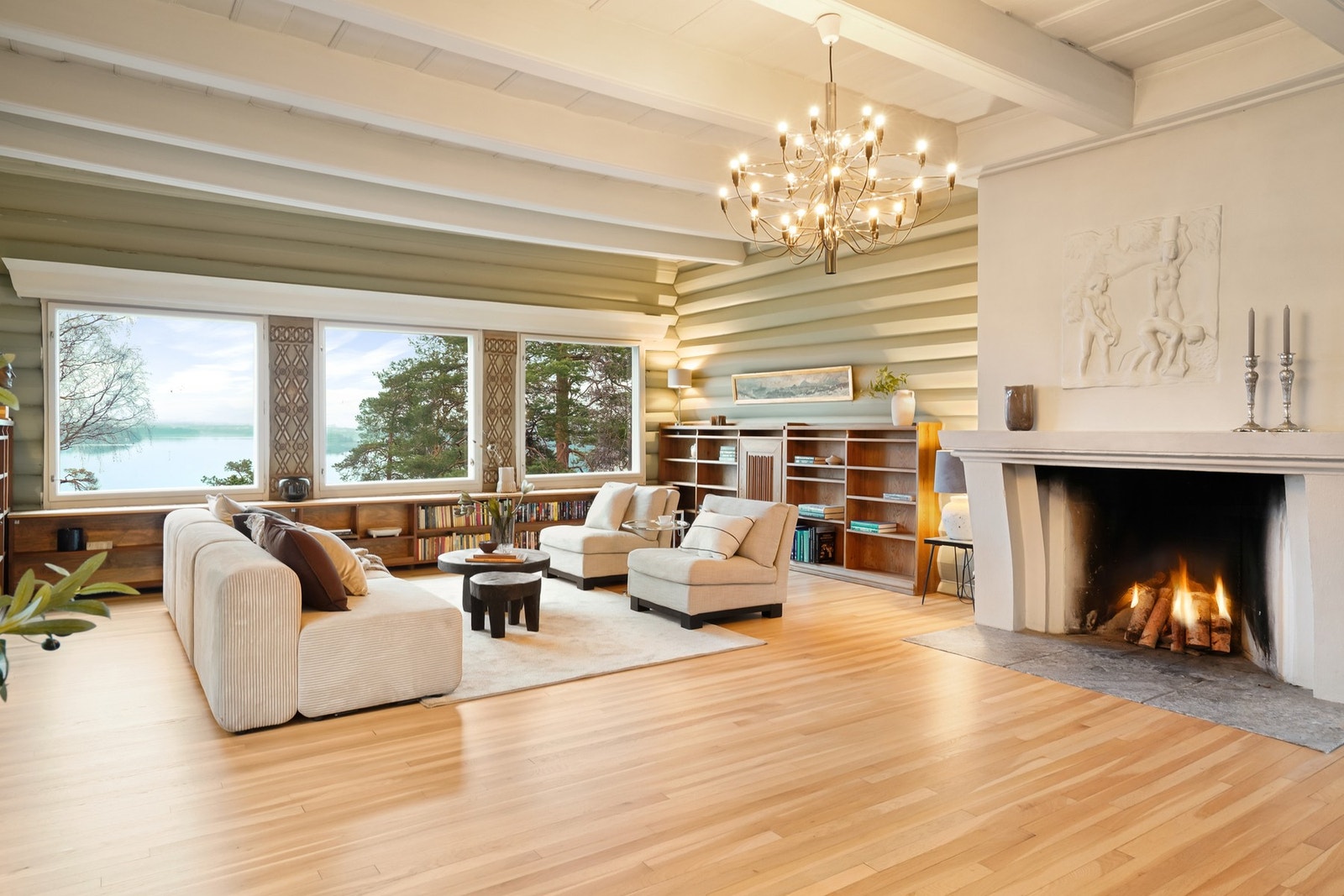 Hyggelig stue med sjøutsikt og åpen peis. Galleribilde