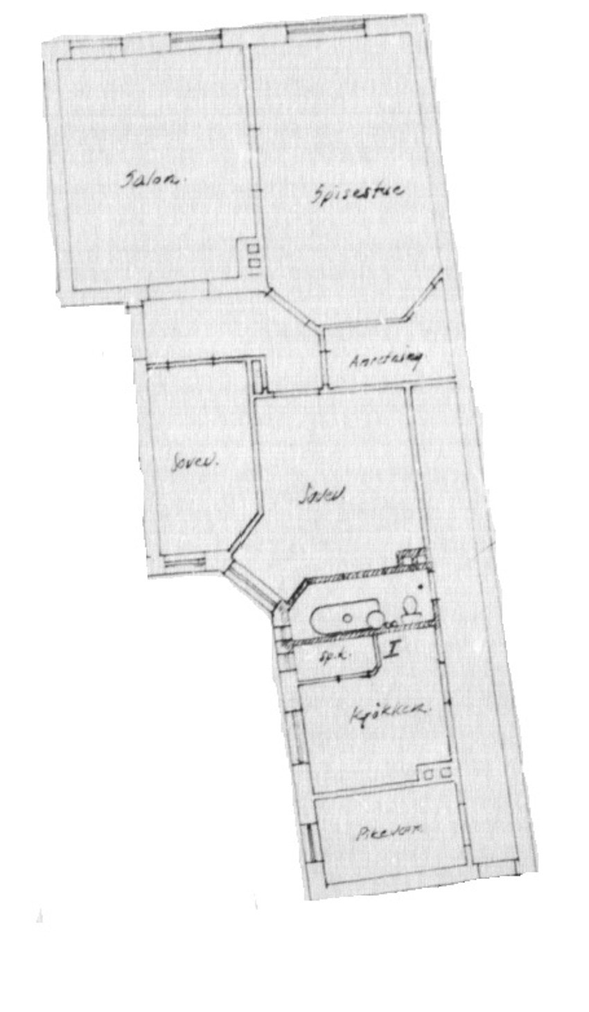Originale byggetegninger indikerer ikke-bærende vegger mellom stuene, som trolig kan åpnes og tidligere dobbeltdører som er tettet Galleribilde