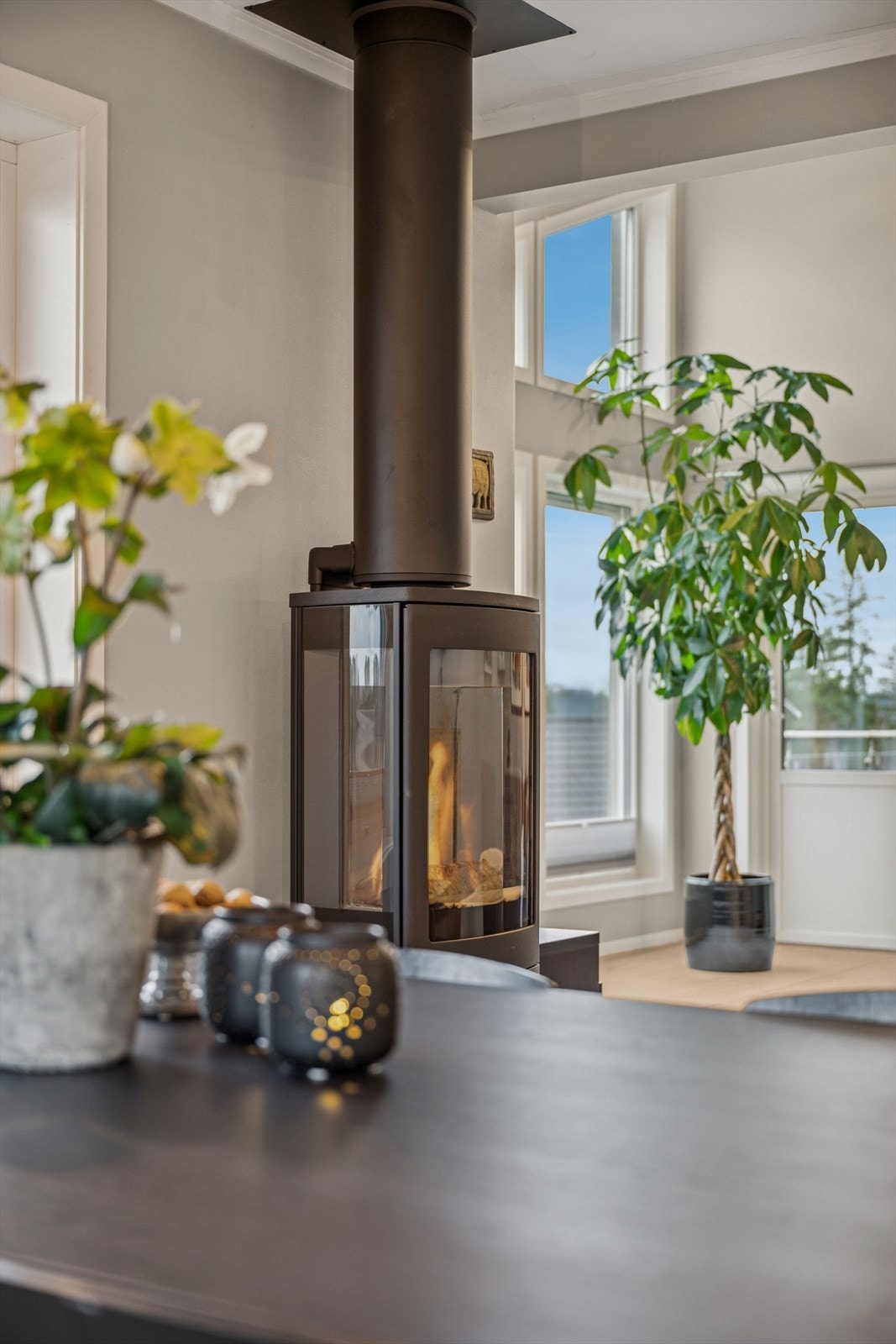 entralt plassert vedovn gir lun varme, supplert av luft-til-luft varmepumpe og balansert ventilasjon med varmegjenvinning for godt inneklima. Galleribilde