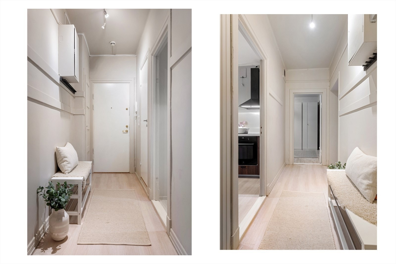 Velkommen inn! I gangen er det god plass til oppbevaring av yttertøy i plassbygd garderobeskap og plass til knagger og skohylle. Galleribilde