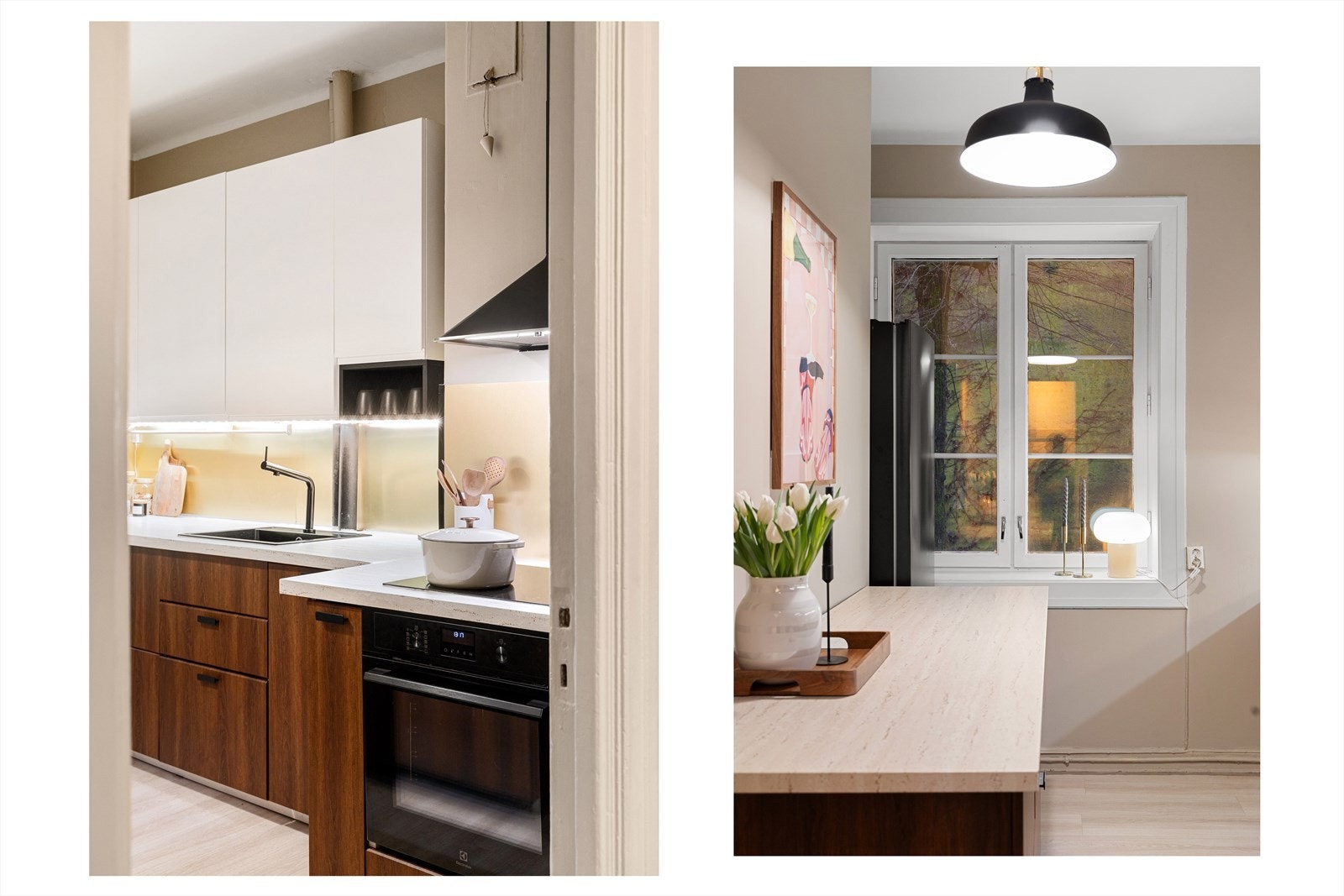 Stilig innredning med glatte fronter, plater på vegg over benkeskap og foliert benkeplate. Kum med ettgreps blandebatteri. Galleribilde