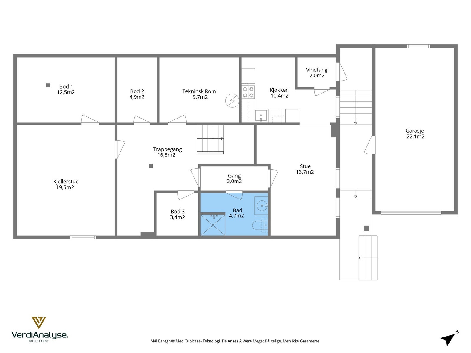Planskisse av boligens underetasje. Rom benevnt som "stue, kjøkken, vindfang bad og gang" (til høyre på planskissen) leies ut, men deler av arealet som leies ut er ikke omsøkt/godkjent for varig opphold. Galleribilde