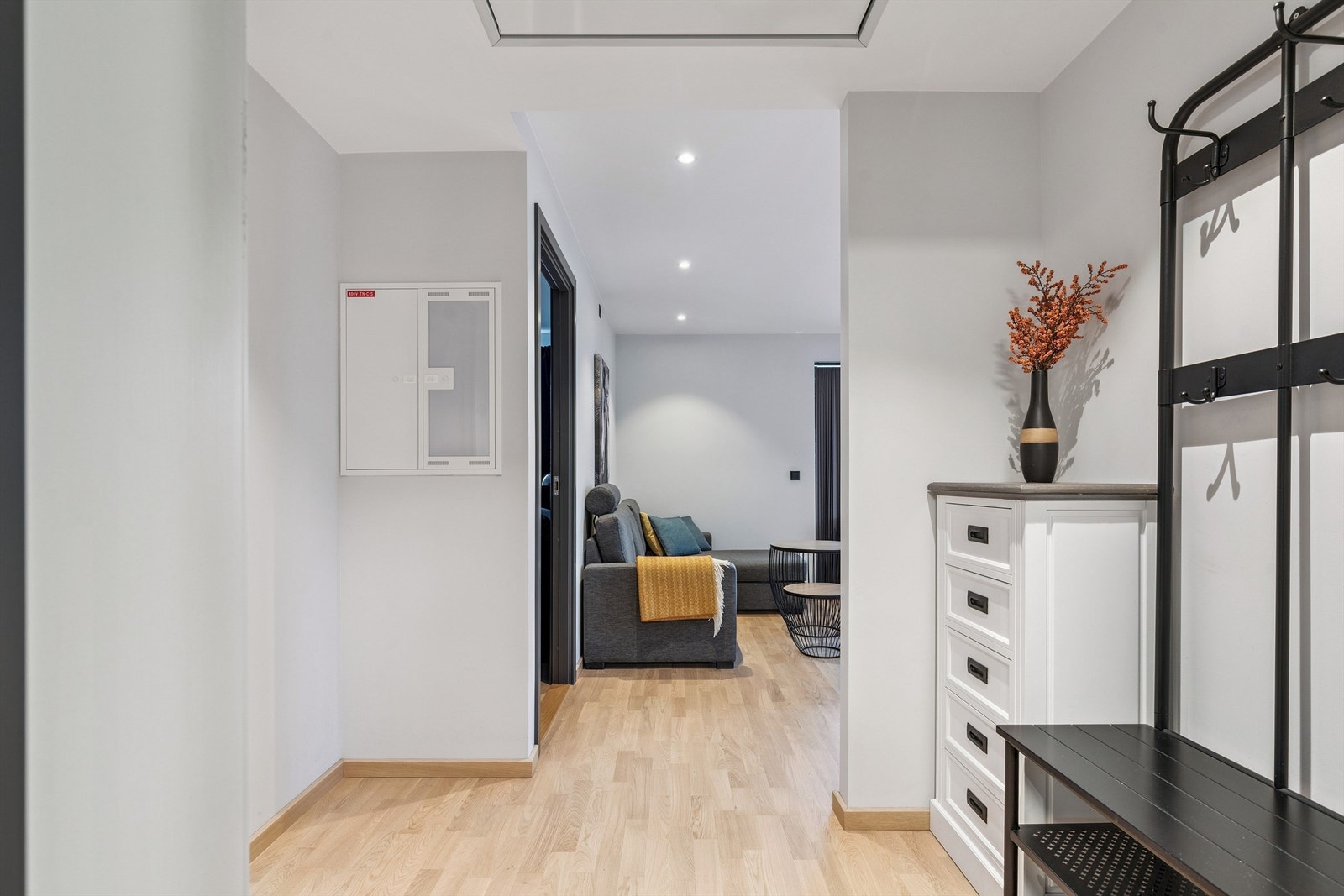 Gangen har plass til oppbevaring av yttertøy og leder videre inn i leiligheten. Galleribilde