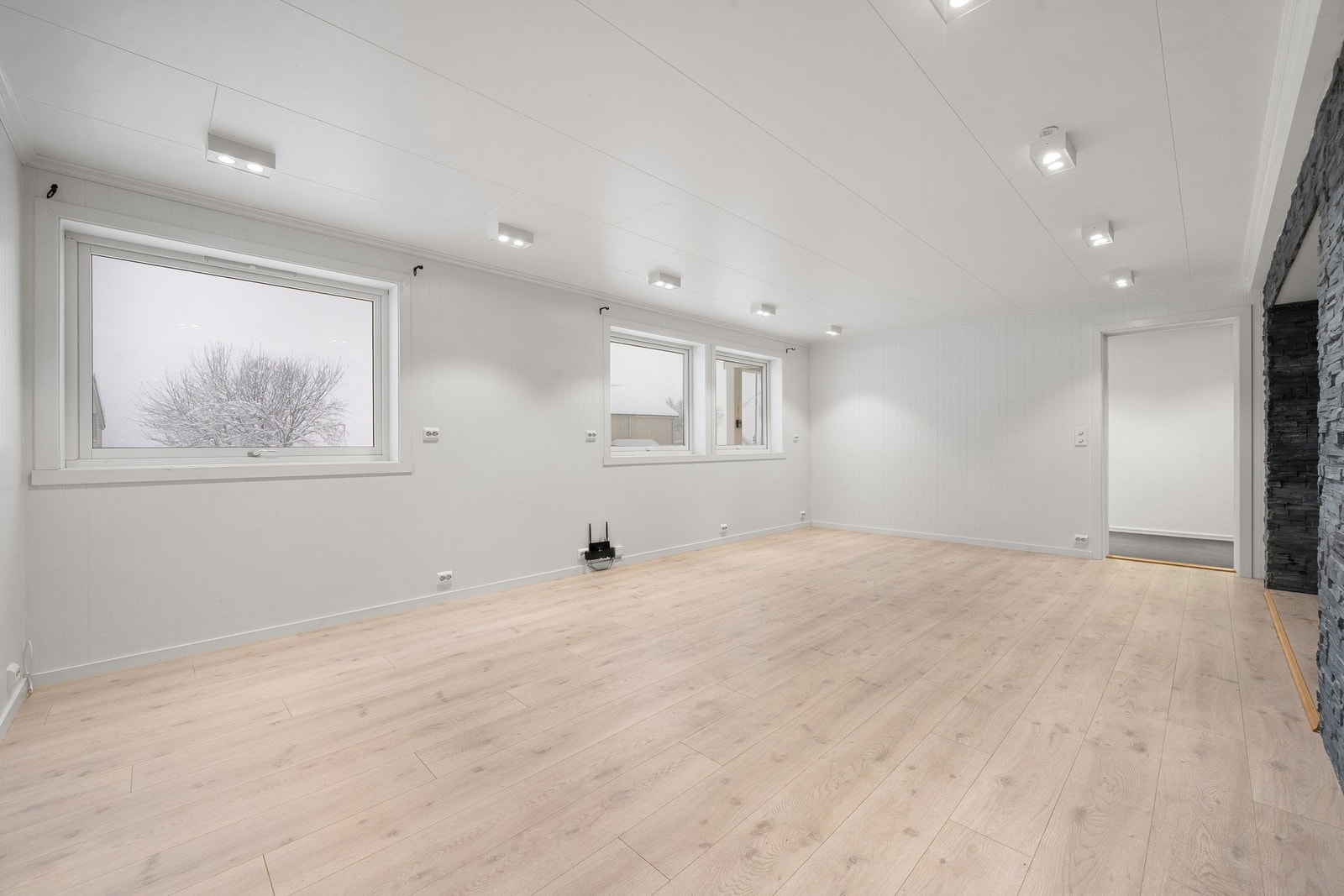 Lys, åpen og romslig stue med god belysning i tak Galleribilde