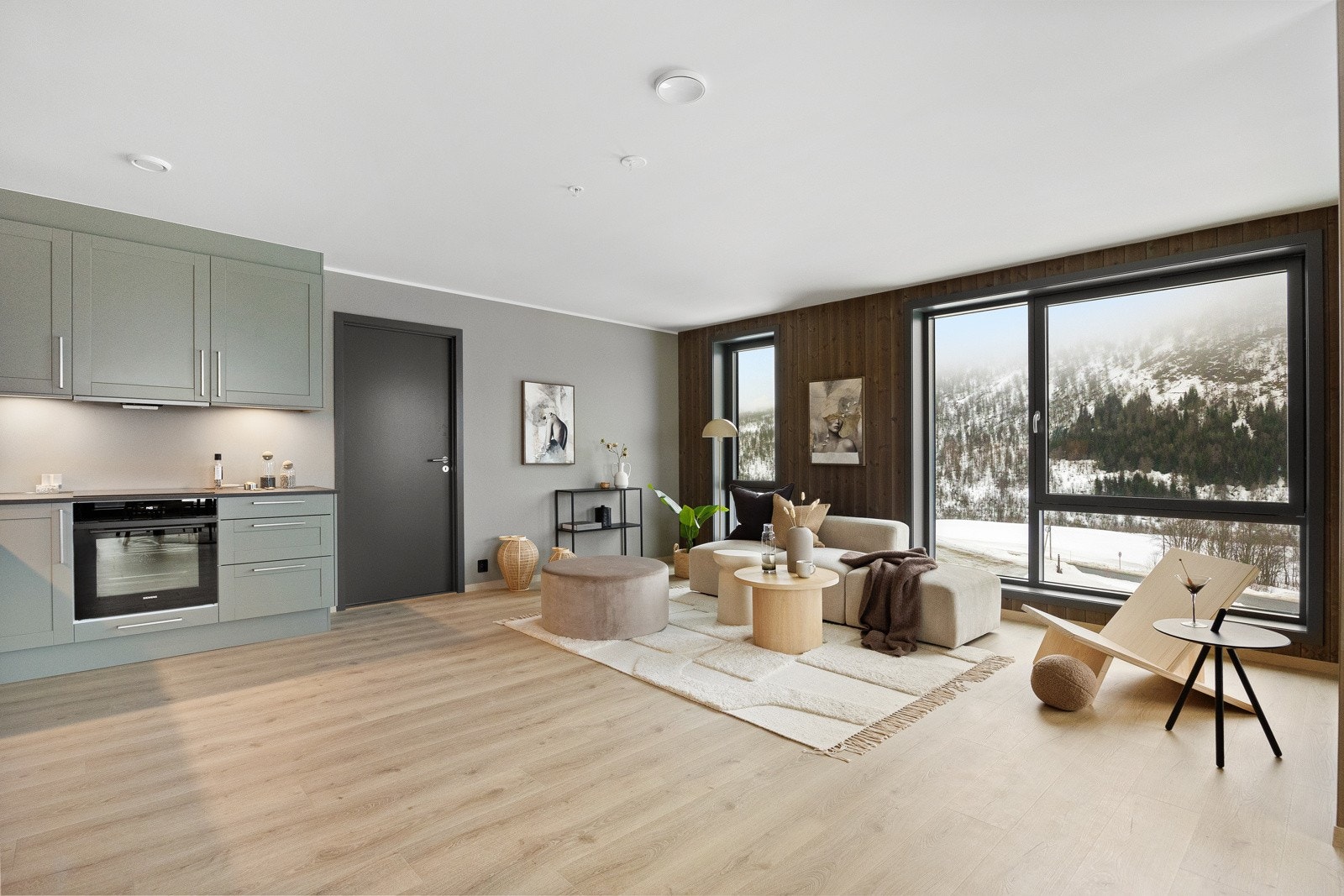 Kjøkken og stue i praktisk åpen løsning. Galleribilde