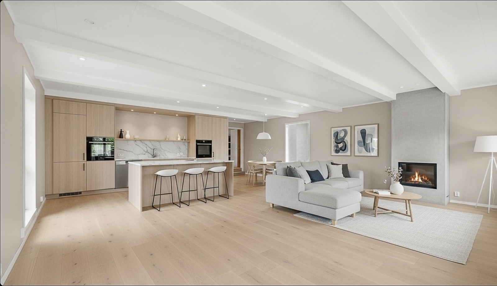 Virtuell styling av stue/kjøkken løsning (kun illustrasjon for å vise antatte muligheter). Galleribilde
