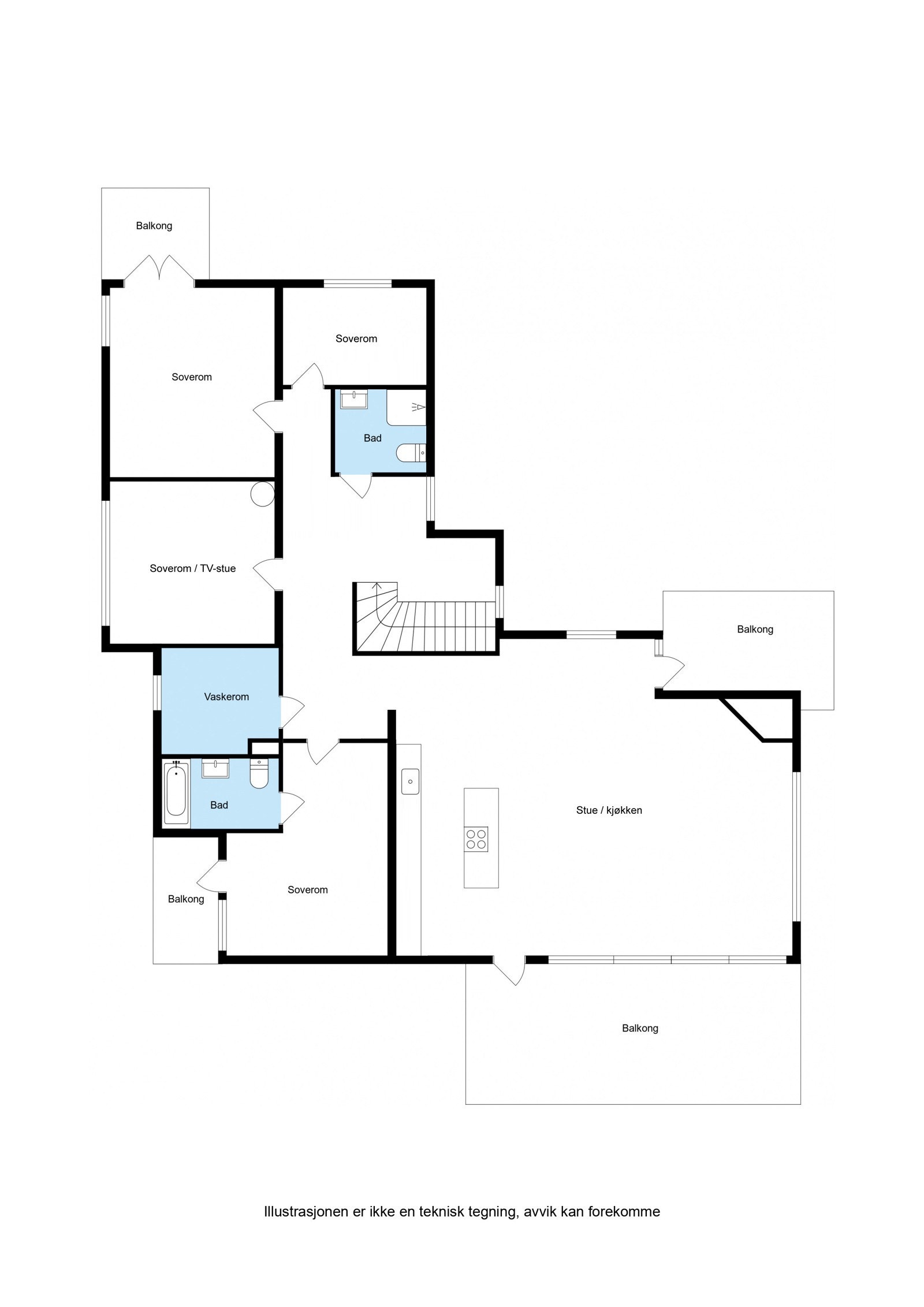 Alternativ planløsning hvor kjk. er flyttet ut i stuen Galleribilde