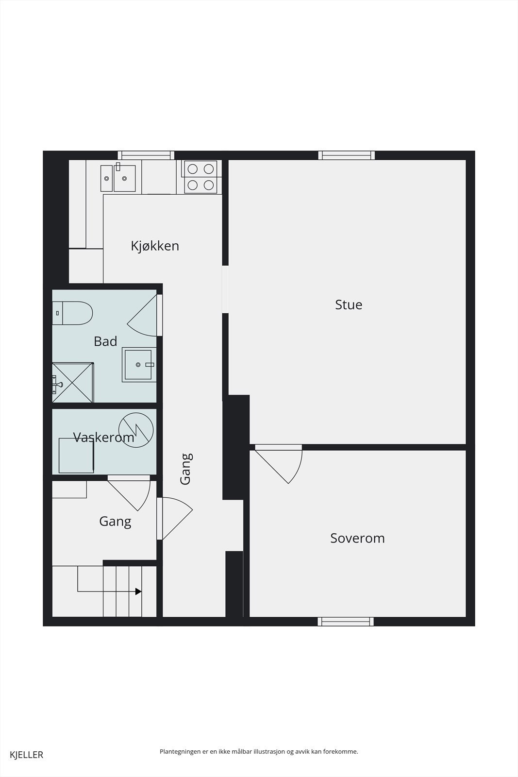 Plantegning kjeller. Høyden fra gulvet og opp til nederste kant på rømingsvinduet innvendig skal ikke være over 1m. Dette kan kompenseres ved å montere en trapp el. Vinduene i kjeller er for små for godkjent dagslys inn i rommet, men store nok for rømming Galleribilde