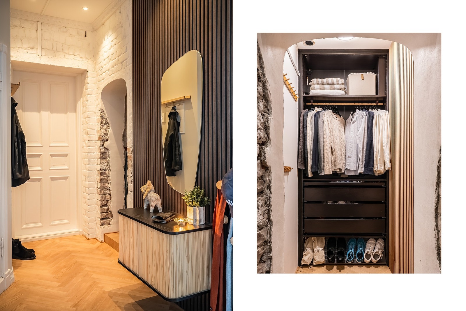 Lekker entré med downlights i tak og fiskebeinsparkett på gulv. Like ved har man praktisk garderobe med plass for klær og sko. Galleribilde