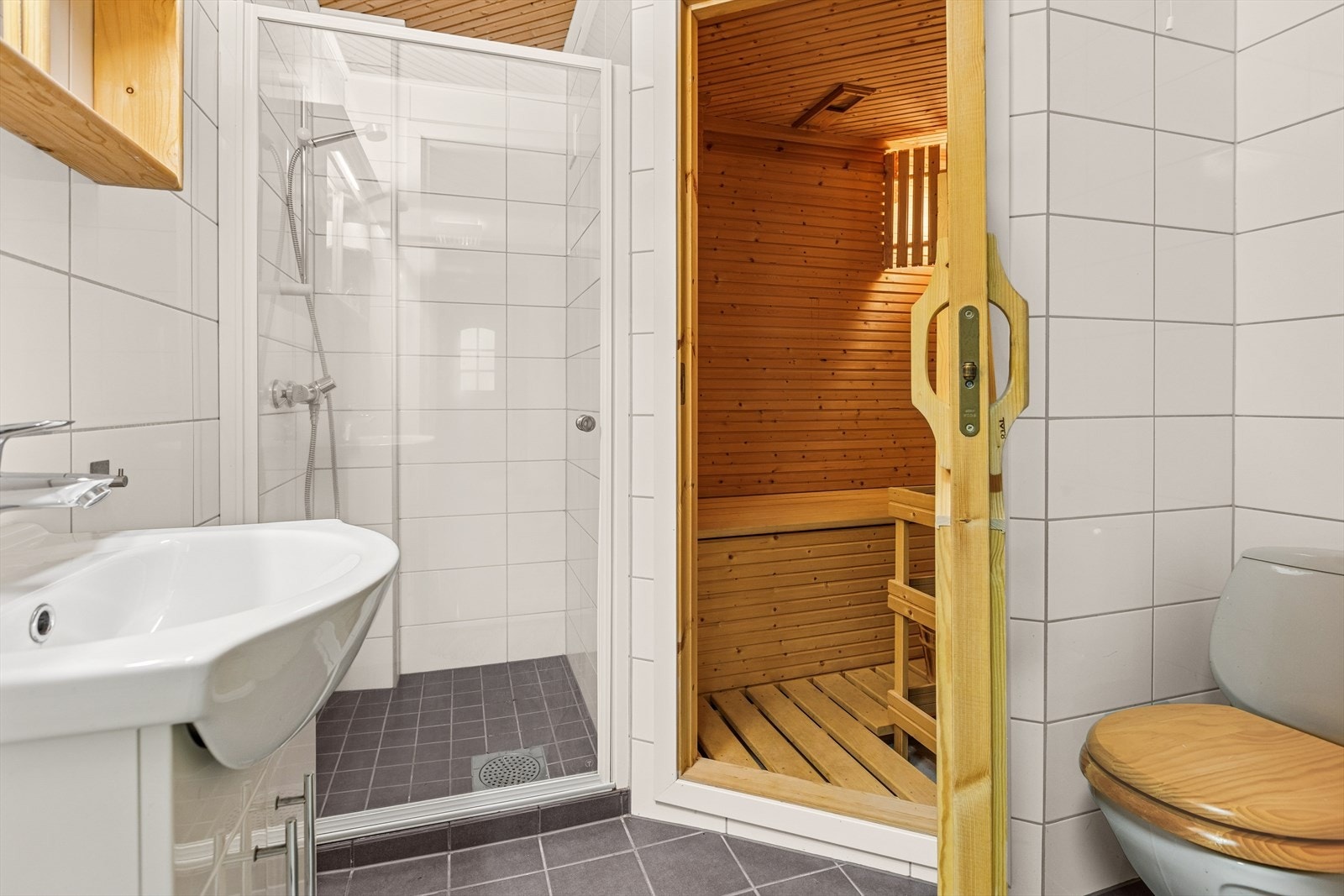 Baderommet i underetasjen ble oppgradert i 2019 og har direkte adkomst til egen badstue. Galleribilde