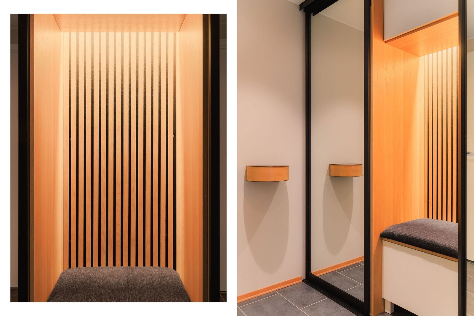 Videre får du gode oppbevaringsmuligheter i skyvedørsgarderobe med speilflater. Spiler er en gjennomgående detalj i leiligheten. Galleribilde