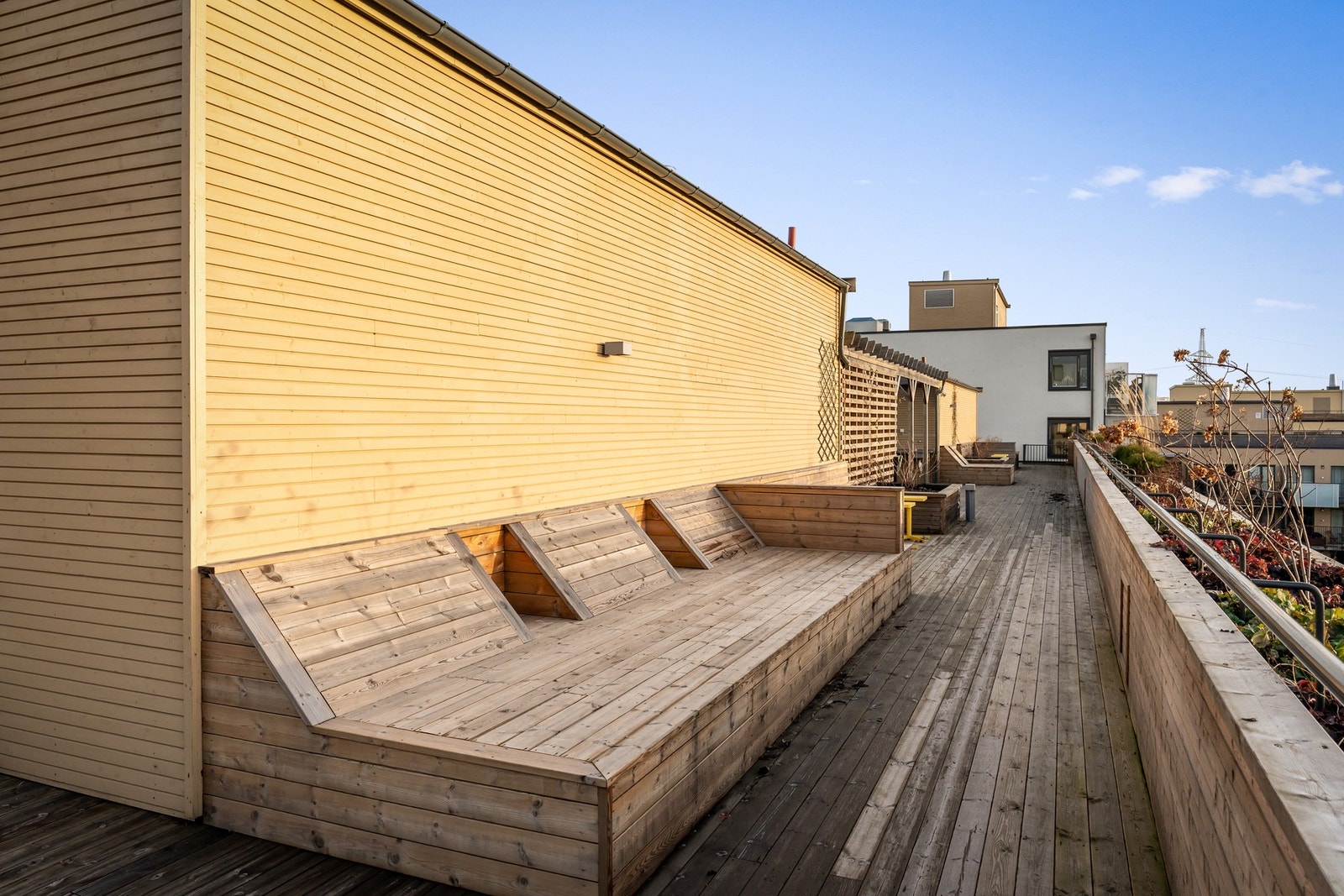 Det er hele fire felles takterrasser med pergola, sittegrupper, enkelt kjøkken og WC. Galleribilde