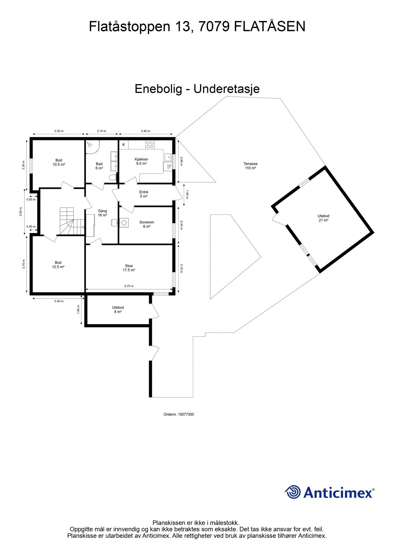Planløsning underetasje. Inneholder en 2-roms leilighet som kan benyttes som utleie. I tillegg er det godt med bodareal i form av to store boder og gang. Galleribilde