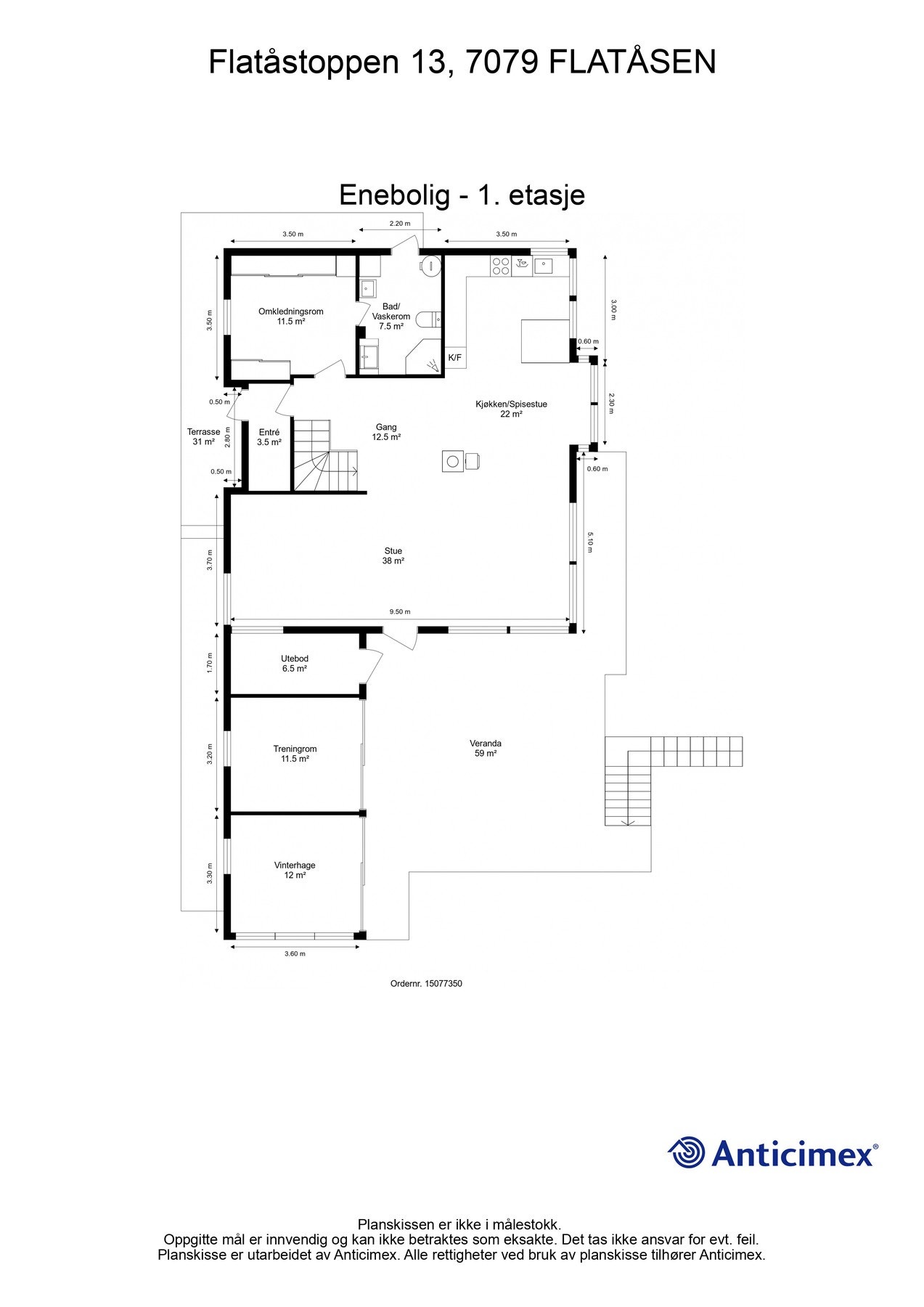 Gjør deg kjent med boligens planløsning før vi fortsetter presentasjonen. Planløsning 1 etasje. Etasjen inneholder Kjøkken/ spisestue, bad/ vaskerom, soverom/ omkledningsrom, gang, entré. Galleribilde