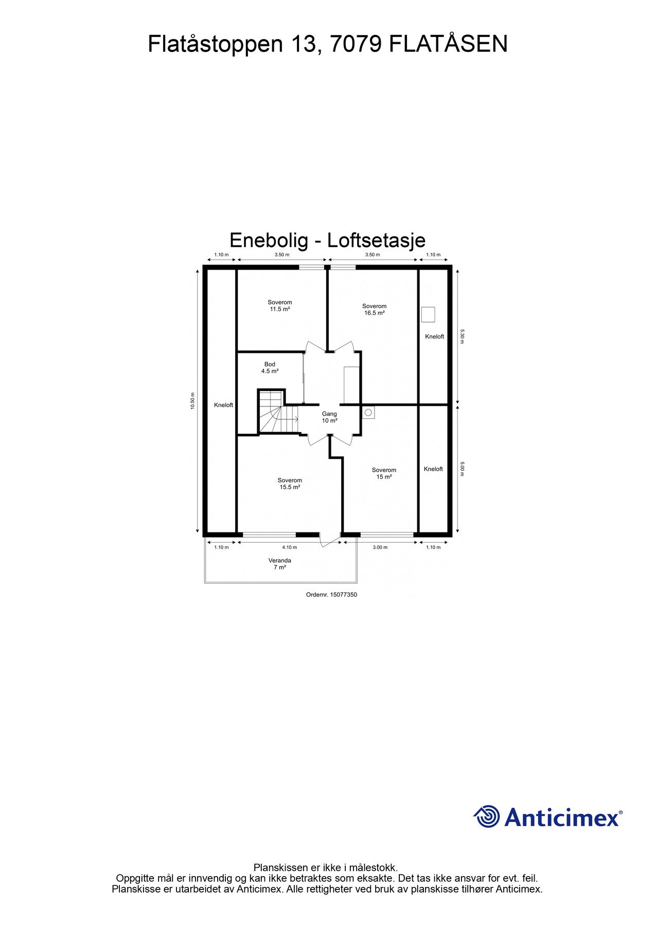 Planløsning loftsetasje. Loftetasjen inneholder soverom, bod og tre rom som brukes som soverom. Se kommentarer under ferdigattest/ midlertidig brukstillatelse i salgsoppgaven. Galleribilde