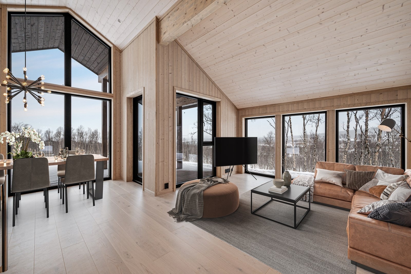 Hytta er bygd med en gjennomgående fin standard og gode materialvalg. (Digitalt møblert bilde). Galleribilde