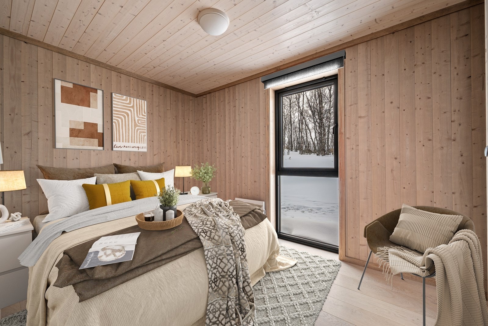 Hytta har tre soverom. Her vises hovedsoverommet (digitalt møblert). Galleribilde