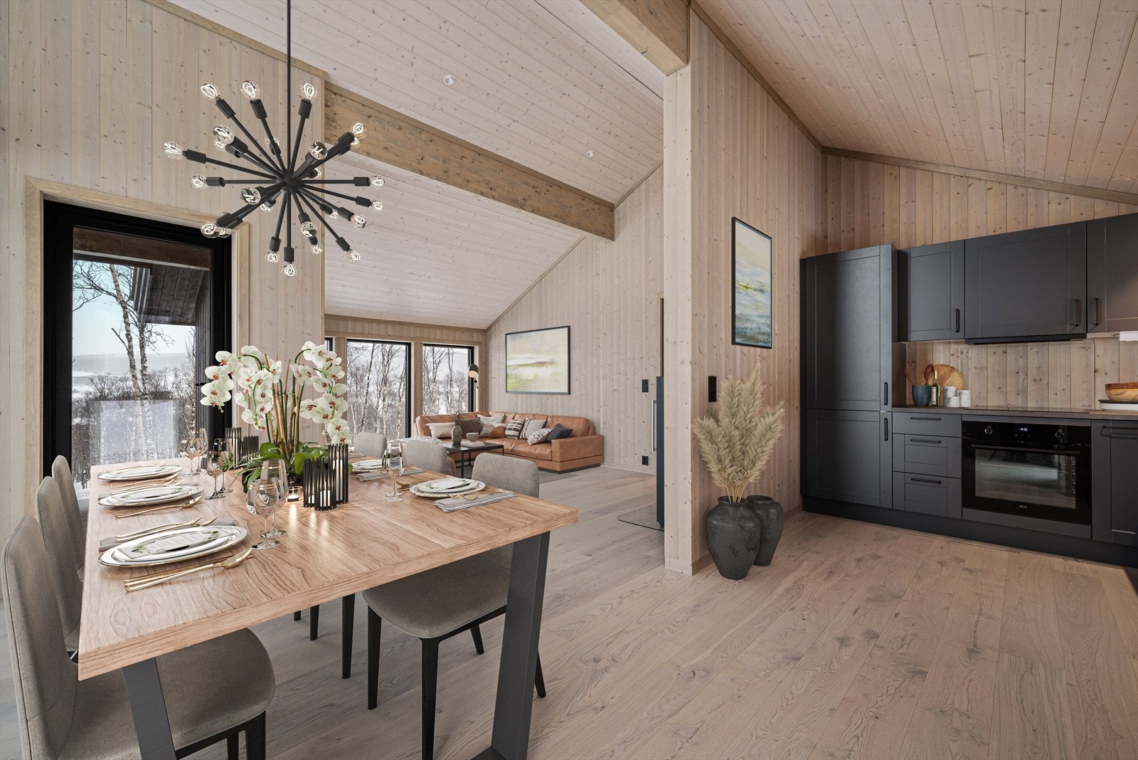 Kjøkken/stue (digitalt møblert). Galleribilde