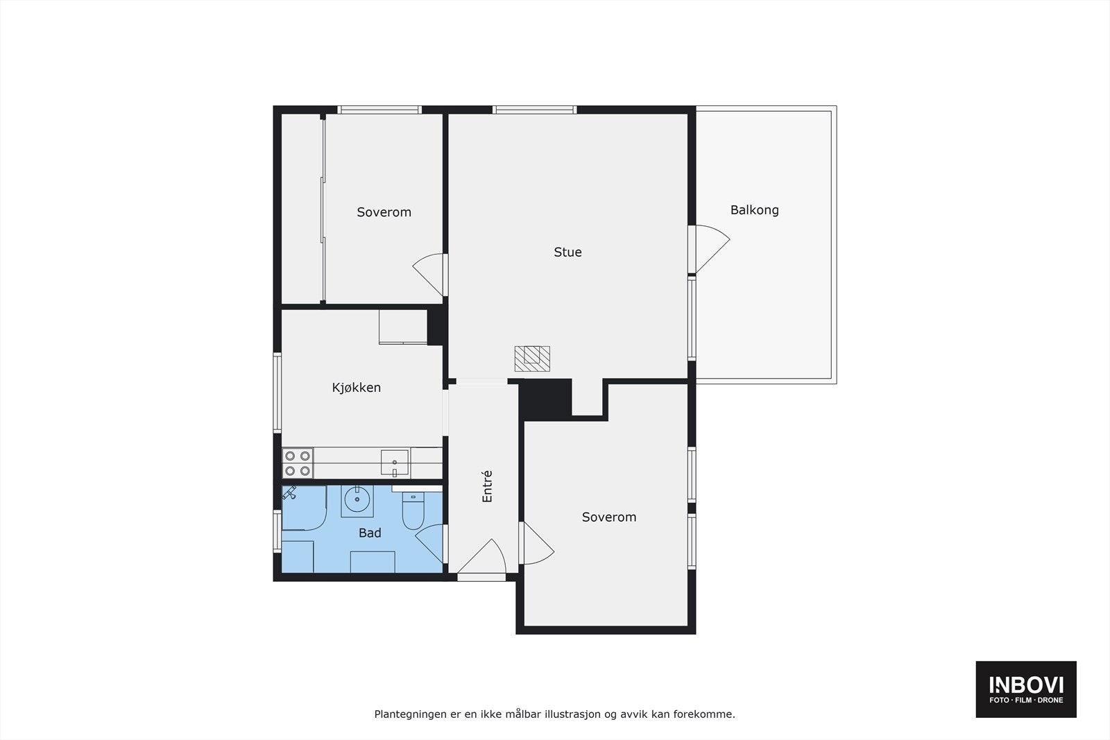 Plantegning. Leiligheten har tidligere vært en 4-roms leilighet, og om ønskelig så kan man sette opp lettvegg og dør og få totalt 3 soverom. Galleribilde