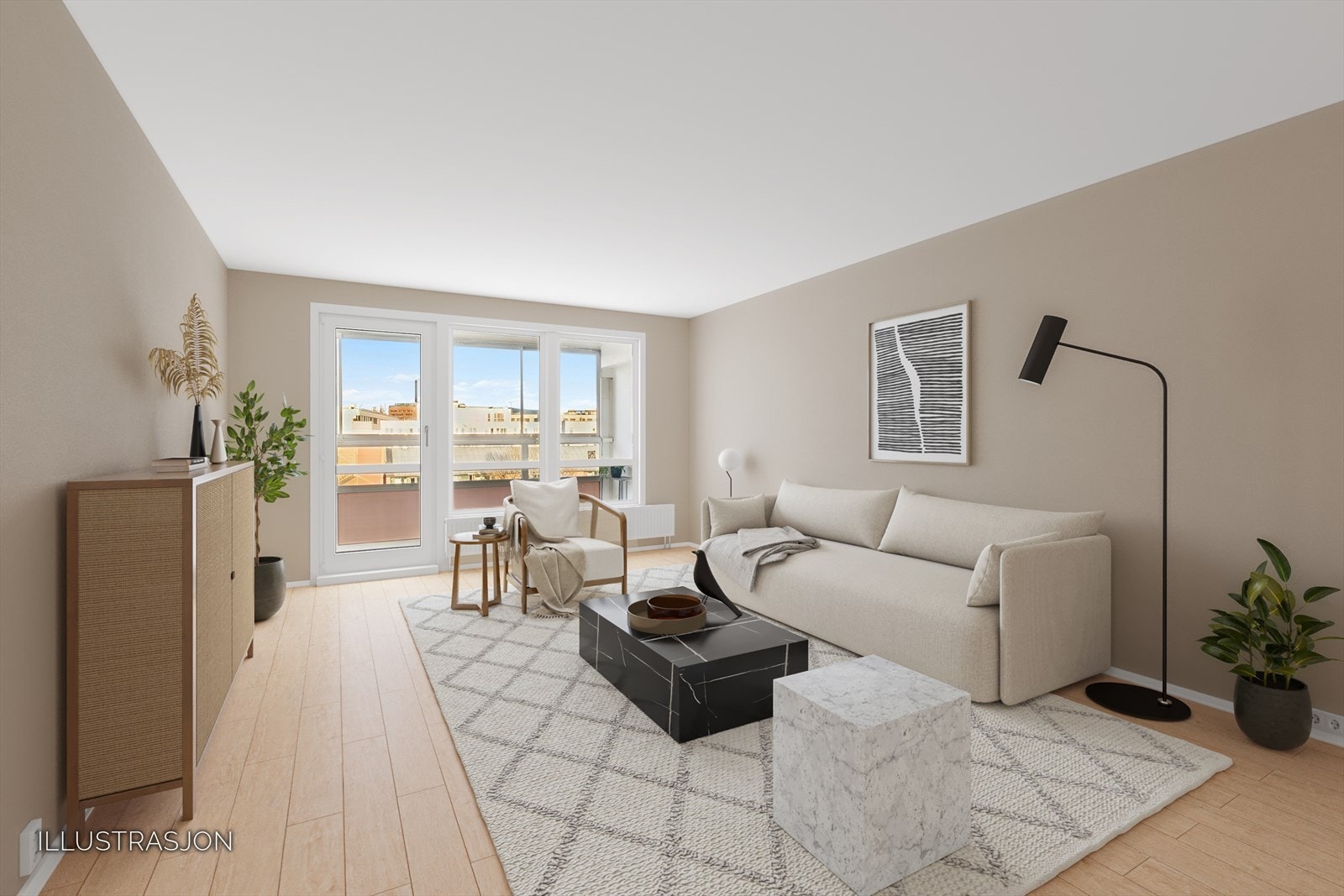 Illustrasjon av stue nyoppusset. Galleribilde