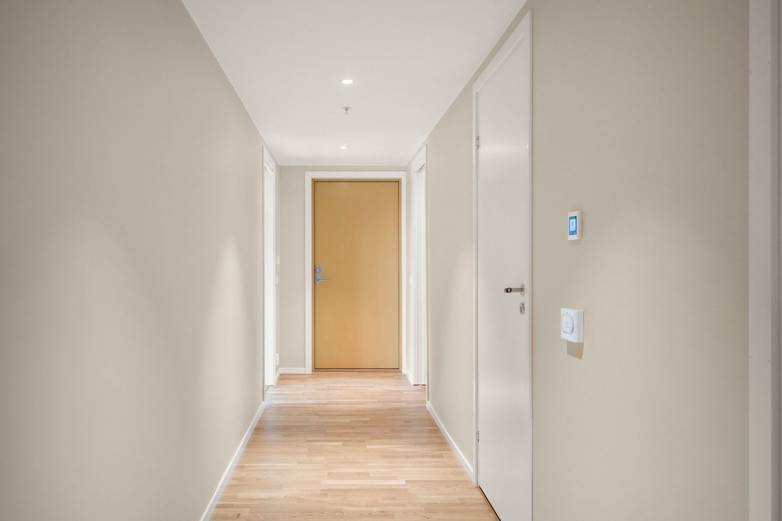 Romslig entre med lys eikeparkett, vannbåren varme og tidsriktig veggfarge - NCS 1704-Y19R Space. Galleribilde