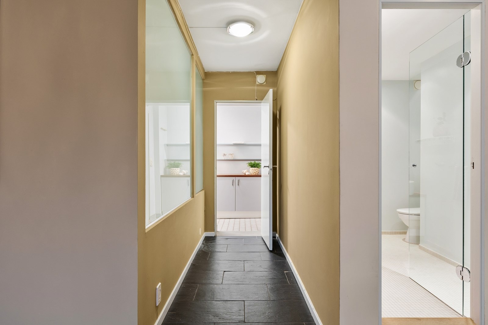 Mellomgang med intern adkomst til vaskerom og "hybel/hjemmekontor" og gjestebad til høyre Galleribilde