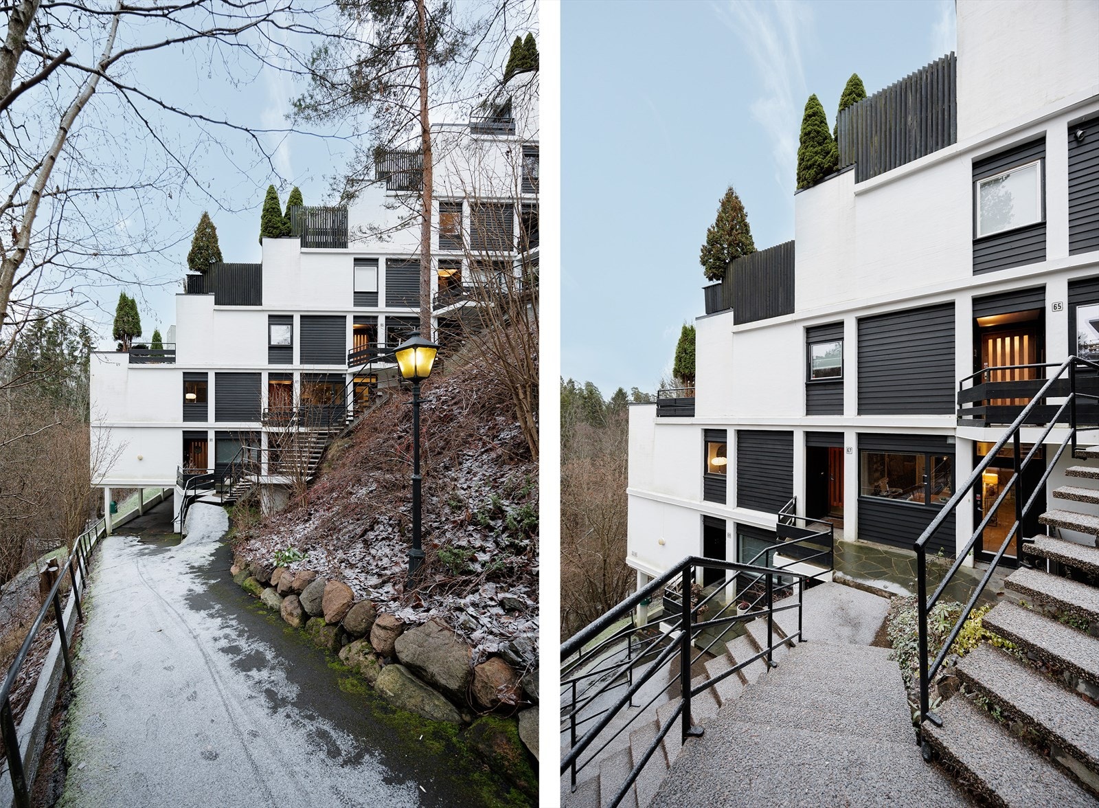 Leiligheten har adkomst via utvendig trapp, men kun 1 1/2 trapp opp fra parkeringsplass under blokka Galleribilde