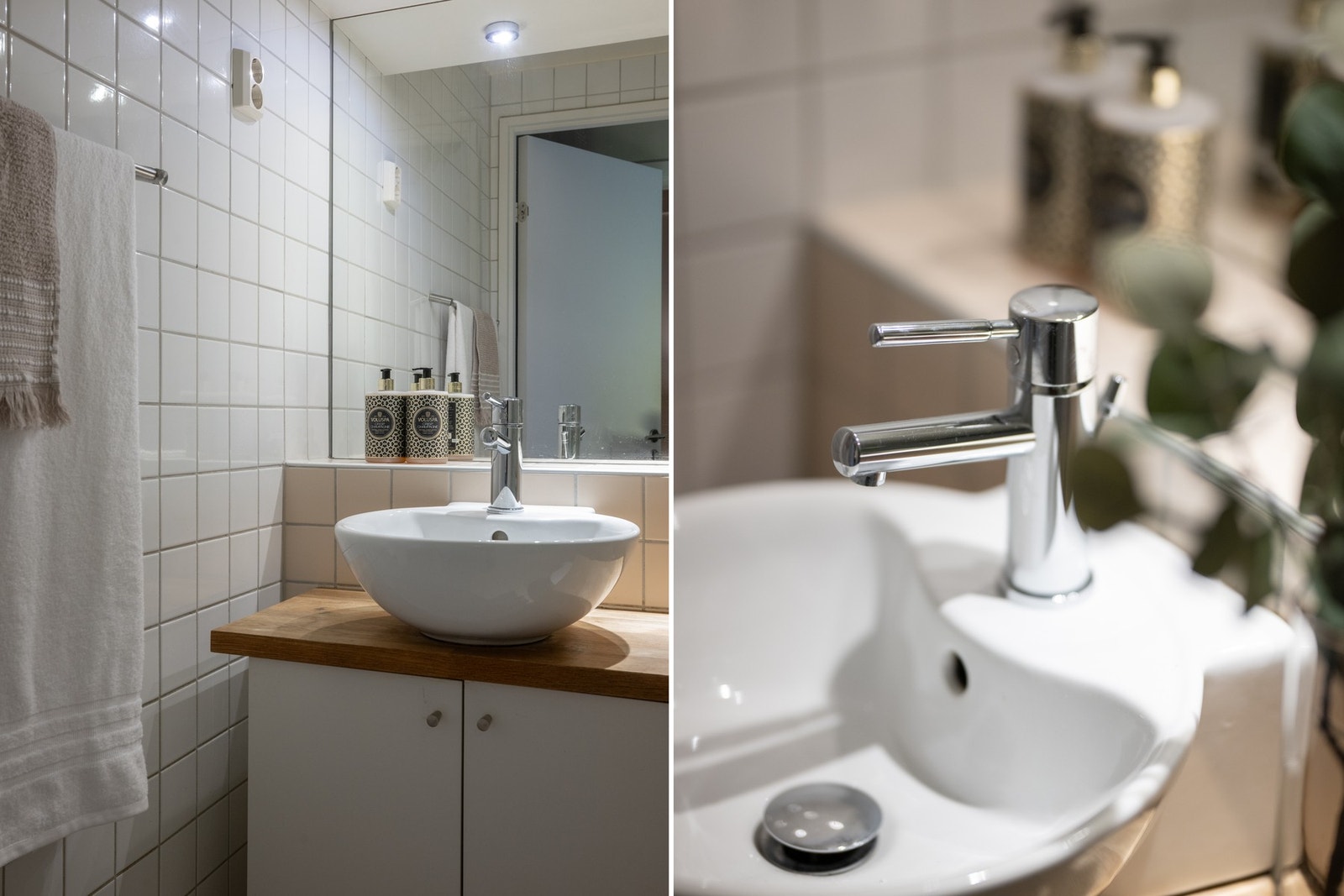 Gulv og vegger er flislagt, og det er varmekabler i gulv som gir god komfort. Galleribilde