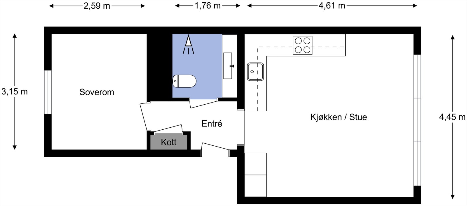 Liten, men stor! Leiligheten oppleves som en voksen leilighet, tross sin kompakte størrelse. Galleribilde
