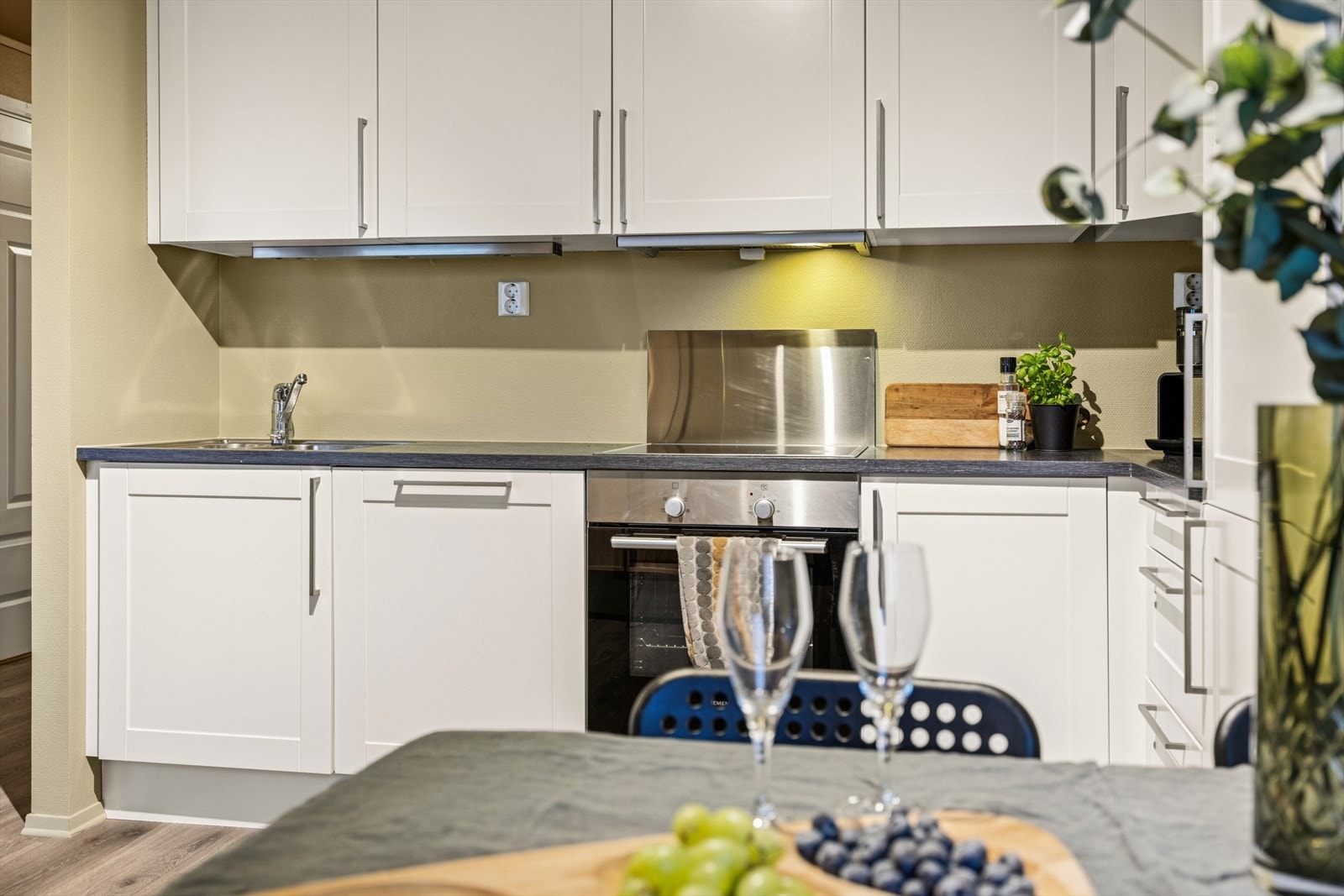 Kjøkkenet er utstyrt med både komfyrvakt over stekesonen og lekkasjevakt under skrog med vanninstallasjoner. Galleribilde