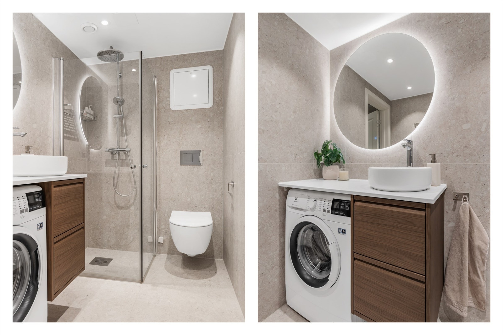 Badet er innredet med vegghengt klosett, servant på innredning og dusjhjørne med svingbare glassdører. Det er både plass og opplegg for vaskemaskin. Galleribilde