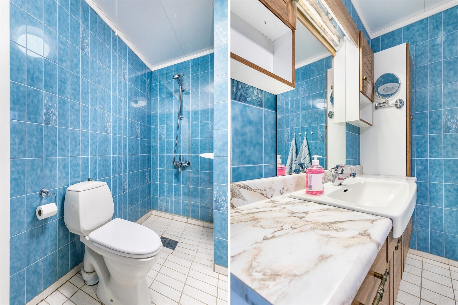 Badets gulv og vegger er utført med fliser. I gulvet er det varmekabler. Galleribilde