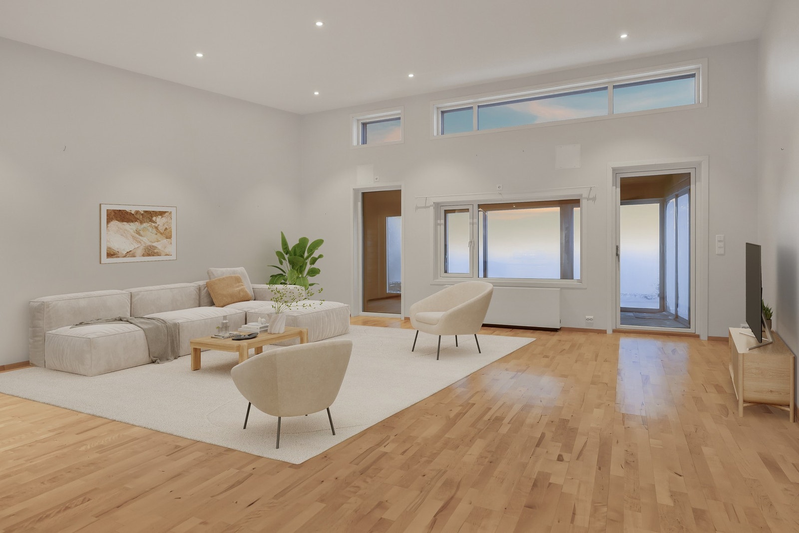 Stuen har god plass til en sofagruppe og TV med tilhørende møblement. Digitalt møblert. Galleribilde