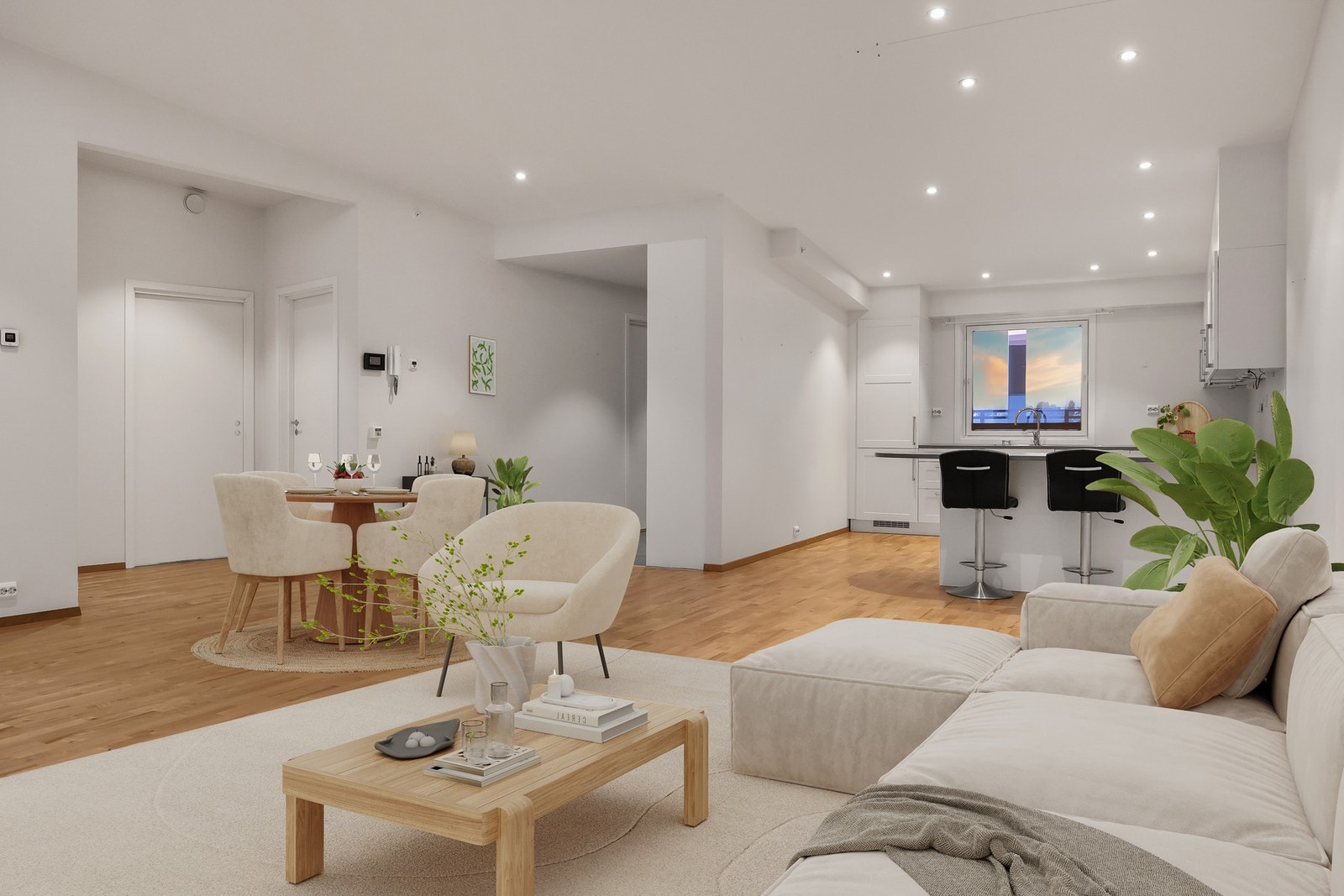 Åpen stue/kjøkken-løsning. Digitalt møblert. Galleribilde