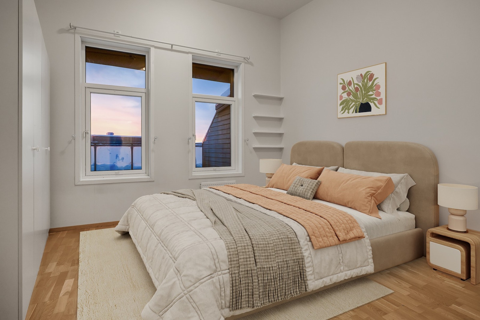 Det er to soverom i leiligheten. Digitalt møblert. Galleribilde