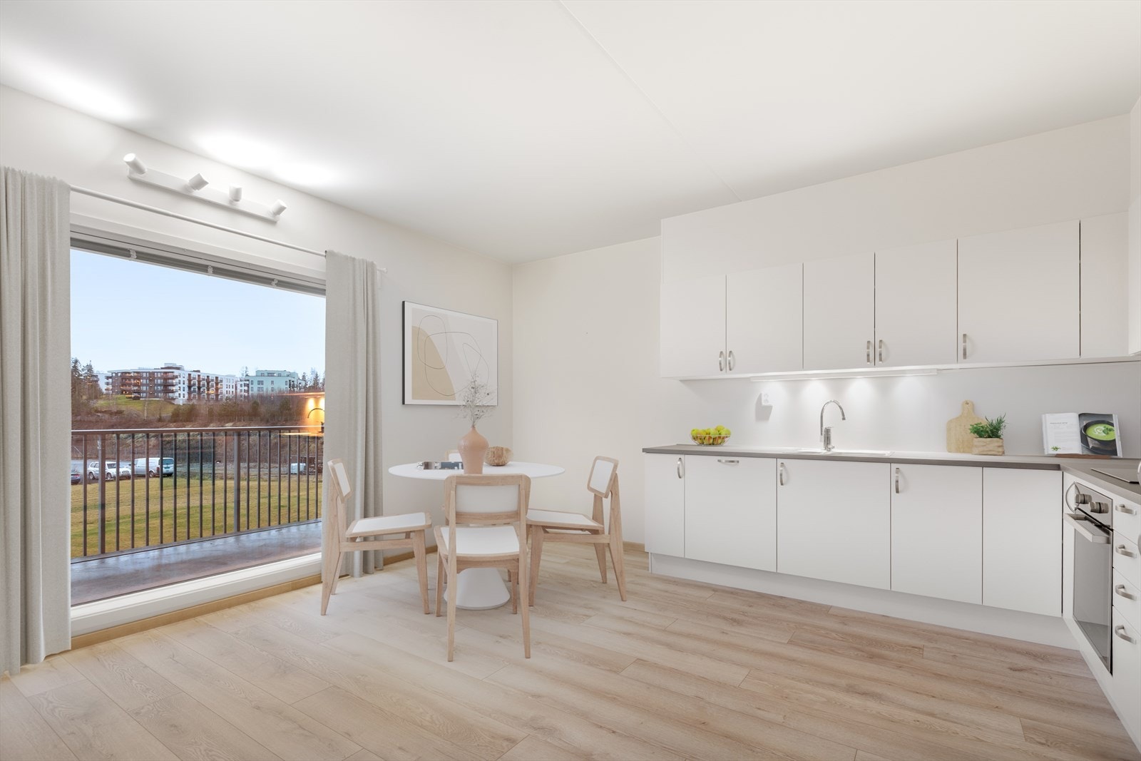 Leiligheten har en åpen og sosial planløsning mellom stue og kjøkken. Galleribilde