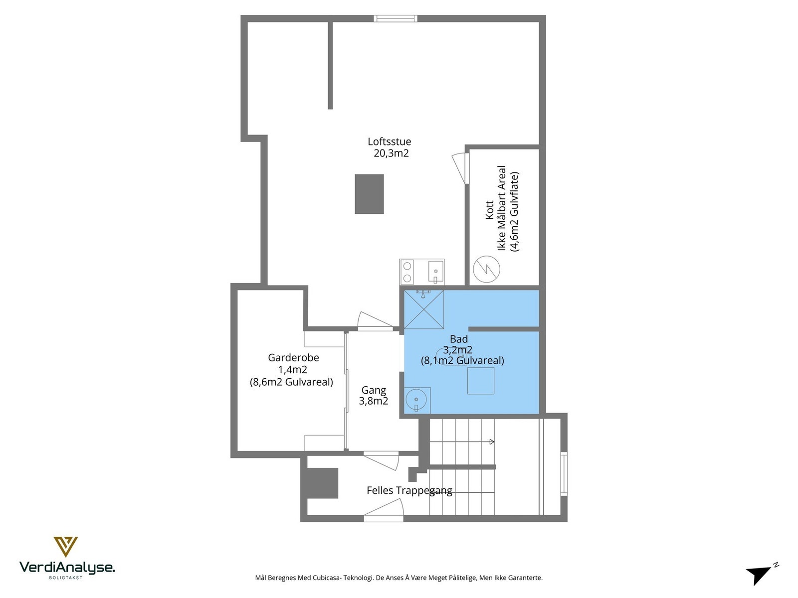 Planskisse med areal for innredet loft. Galleribilde
