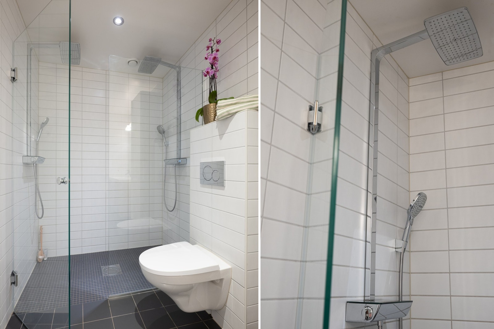 Badet er innredet med dobbel servant, dusjnisje med glassdør og vegghengt toalett - alt holdt i et tidløst uttrykk. Galleribilde