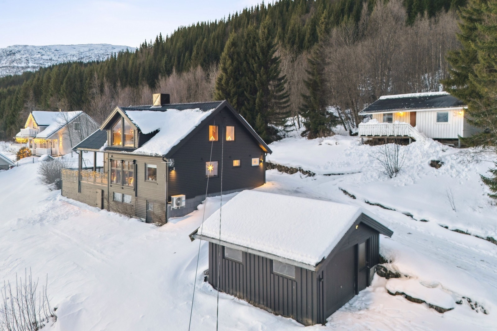 Stor hage og god plass til parkering både i garasje og på tonta. I tillegg sees annekset i bakgrunnen som kan brukes som ekstra soveplass Galleribilde