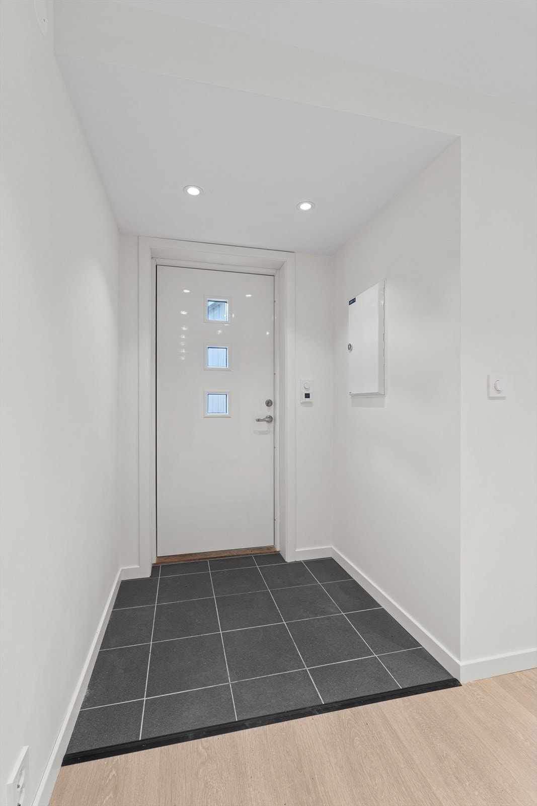 Her ønskes man velkommen inn i en lys og innbydende gang. Downlights i tak. Galleribilde